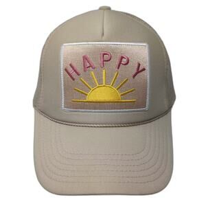 Friday Feelin' Trucker Hat Beige Yellow Happy Sun Patch OS Adjustable Foam Mesh